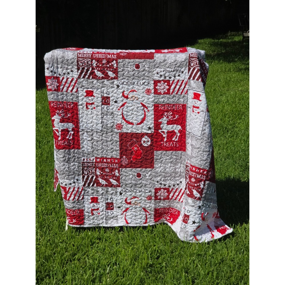 Newspin Christmas Quilt Reversible Santa Reindeer Holiday Patchwork Red Grey